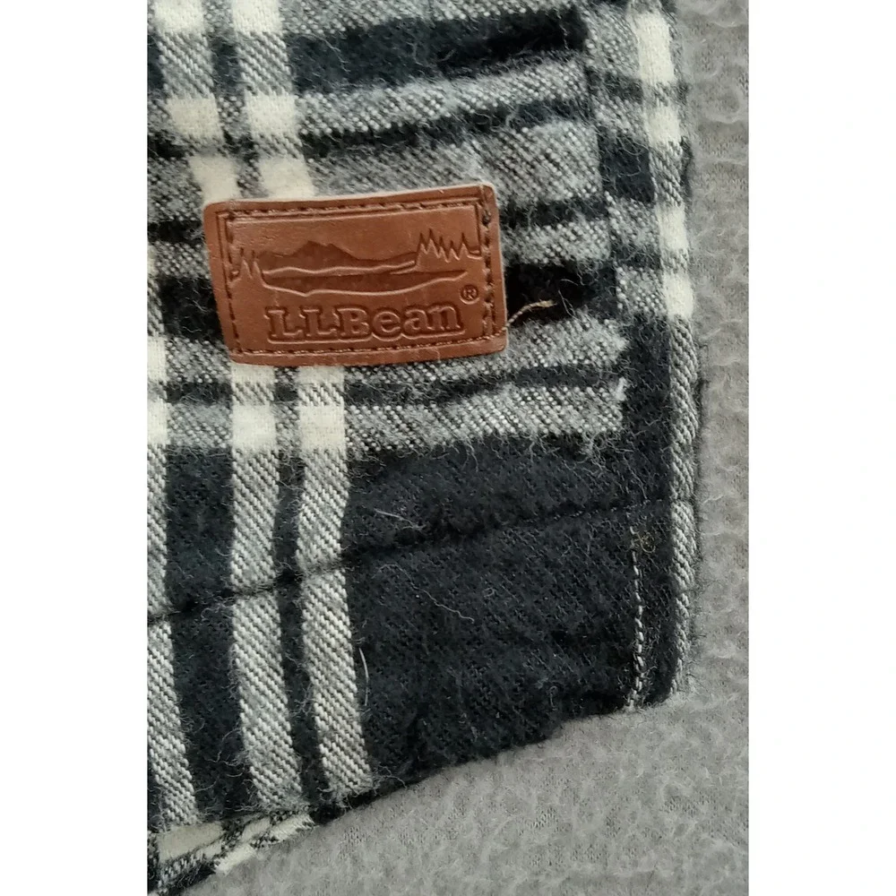 LL Bean Men's Hooded Plaid Flannel Shirt Jacket Black‎ White Size M Tall Fleece
